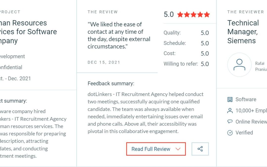 Clutch Review: dotLinkers – IT Recruitment Agency Acquires First 5-Star Feedback